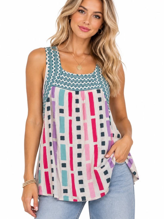Savanna Jane Tops - Savanna Jane Embroidered Sleeveless Multicolor Printed Tank Top Size Large